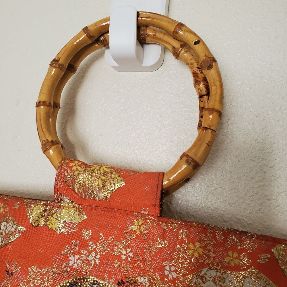 Vintage Orange Brocade Bamboo Handle Bag Gold Metallic Fan Floral Tote Handbag - Picture 5 of 16